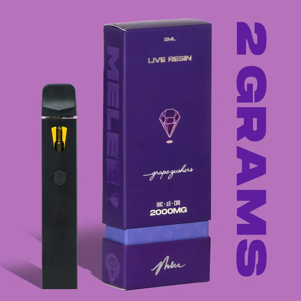 2 Gram Live Resin Disposable Vape: Grape Gushers (HHC, CBN, D9) Melee Dose 2 Gram Live Resin Disposable Vape: Grape Gushers (HHC, CBN, D9) Melee Dose