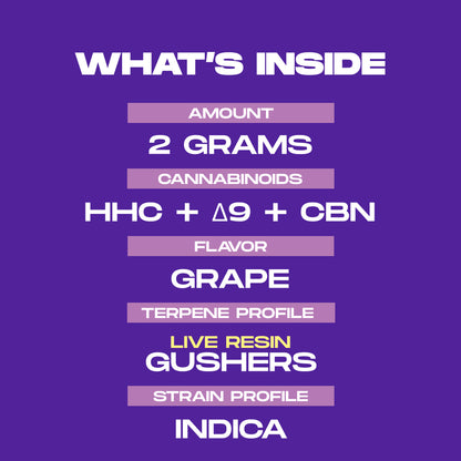 2 Gram Live Resin Disposable Vape: Grape Gushers (HHC, CBN, D9) Melee Dose 2 Gram Live Resin Disposable Vape: Grape Gushers (HHC, CBN, D9) Melee Dose