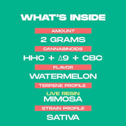 2 Gram Live Resin Disposable Vape: Watermelon Mimosa (HHC, CBC, Delta-9 THC)