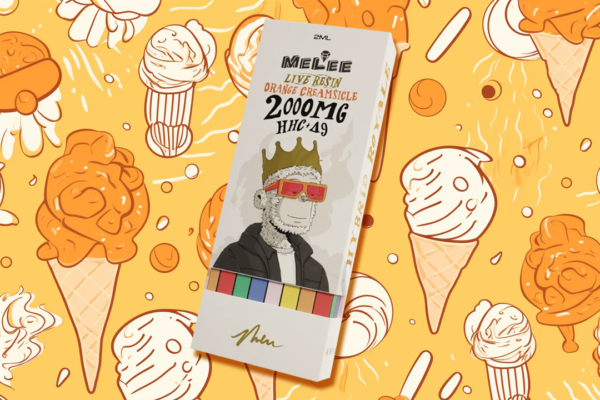 Melee's Orange Creamsicle Live Resin Disposable on a background with ice creams.