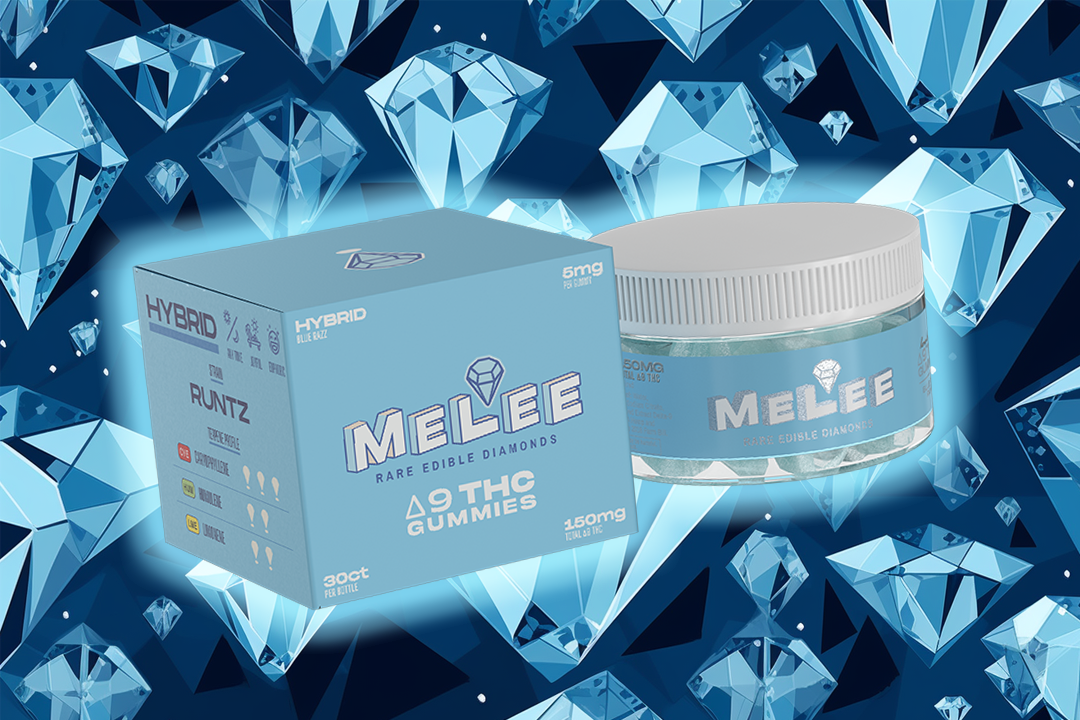 Melee Dose's Blue Razz - Runtz Gummies on a background full of diamonds.