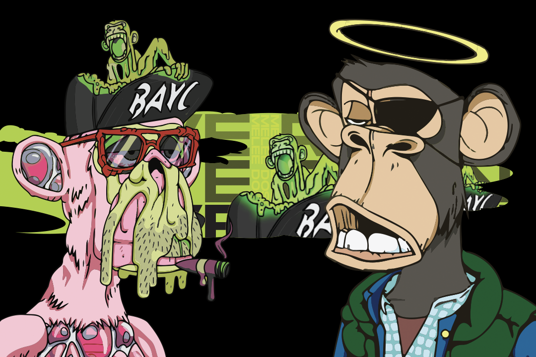 Pink cartoon ape with joint, wearing BAYC cap, stands beside a gorilla in a jacket and blinker, on black background