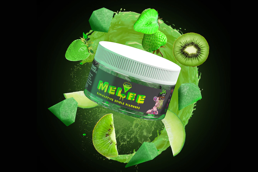 A container of MELEE Radioactive Edible Diamonds is surrounded by green strawberries, kiwis, lemons, green gummies, and green juice