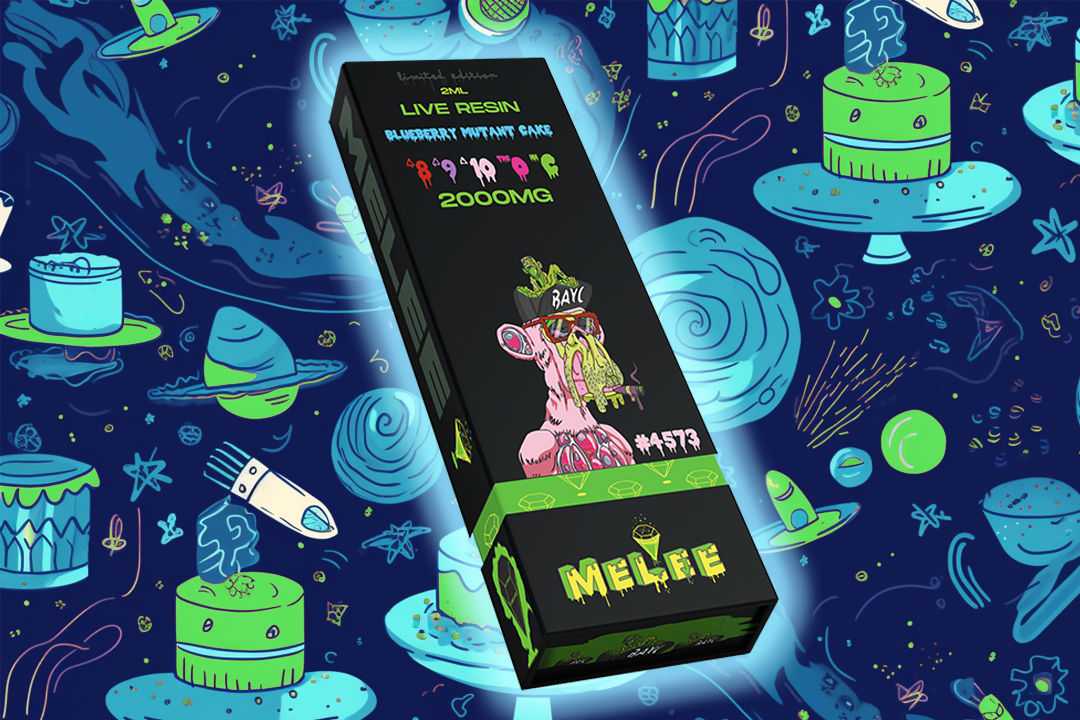 Black pack of Melee Dose 2000MG Live Resin Blueberry Mutant Cake against vibrant multicolored background