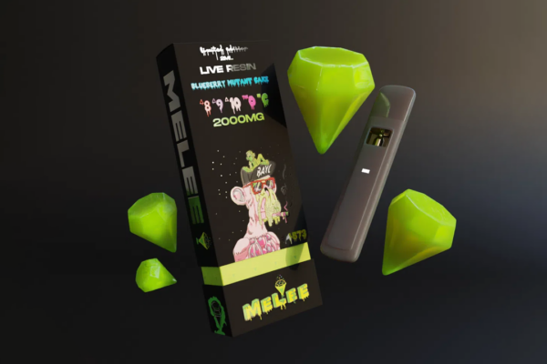 a pack of Melee Dose Live Resin Blueberry Mutant Cake, accompanied by a vape pen and some green-colored diamond-shaped gummies, all set against a black background